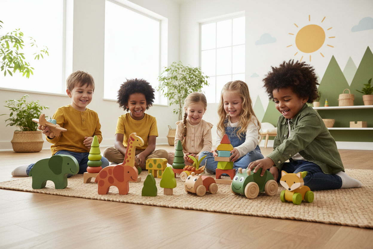 Niños jugando con muñequitos biodegradables